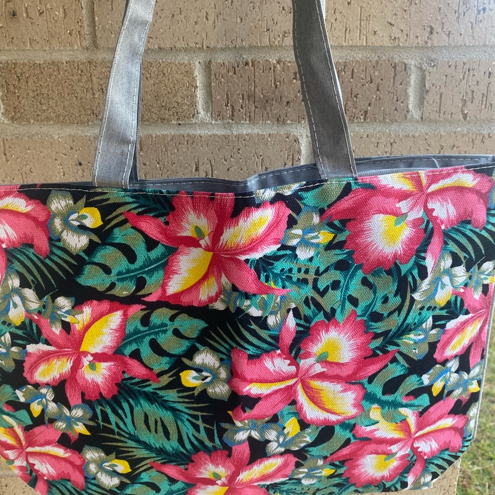 Tropical Floral Tote Bag with Silver Accents